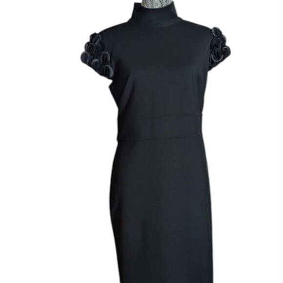 2/$30+$9.99 Shipping-NWOT Adrienne Vittadini LBD Black Rosette Cup Sleeve Dress - Picture 3 of 5